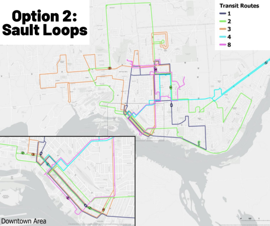 Option 2: Sault Loops New loops 1 2 and 3 operate in both directions and run every 30 minutes on weekdays. Loop 4 operates in one direction every 60 minutes. Uses an offset schedule (clockwise and counterclockwise departures): half of the buses leave the downtown area at :00 and :30 while the other half leave the downtown at :15 and :45. Improves the frequency between popular destinations and reduces wait times and transfers. Impact: Moderate reduction in coverage but more direct consistent service with buses connecting to major destinations every 15 minutes. Would you support this option?